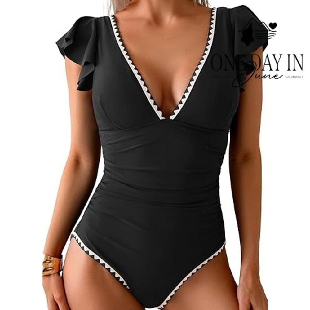 Aidonger Ruffle Shoulder One Piece Swimsuit Size 2XL
